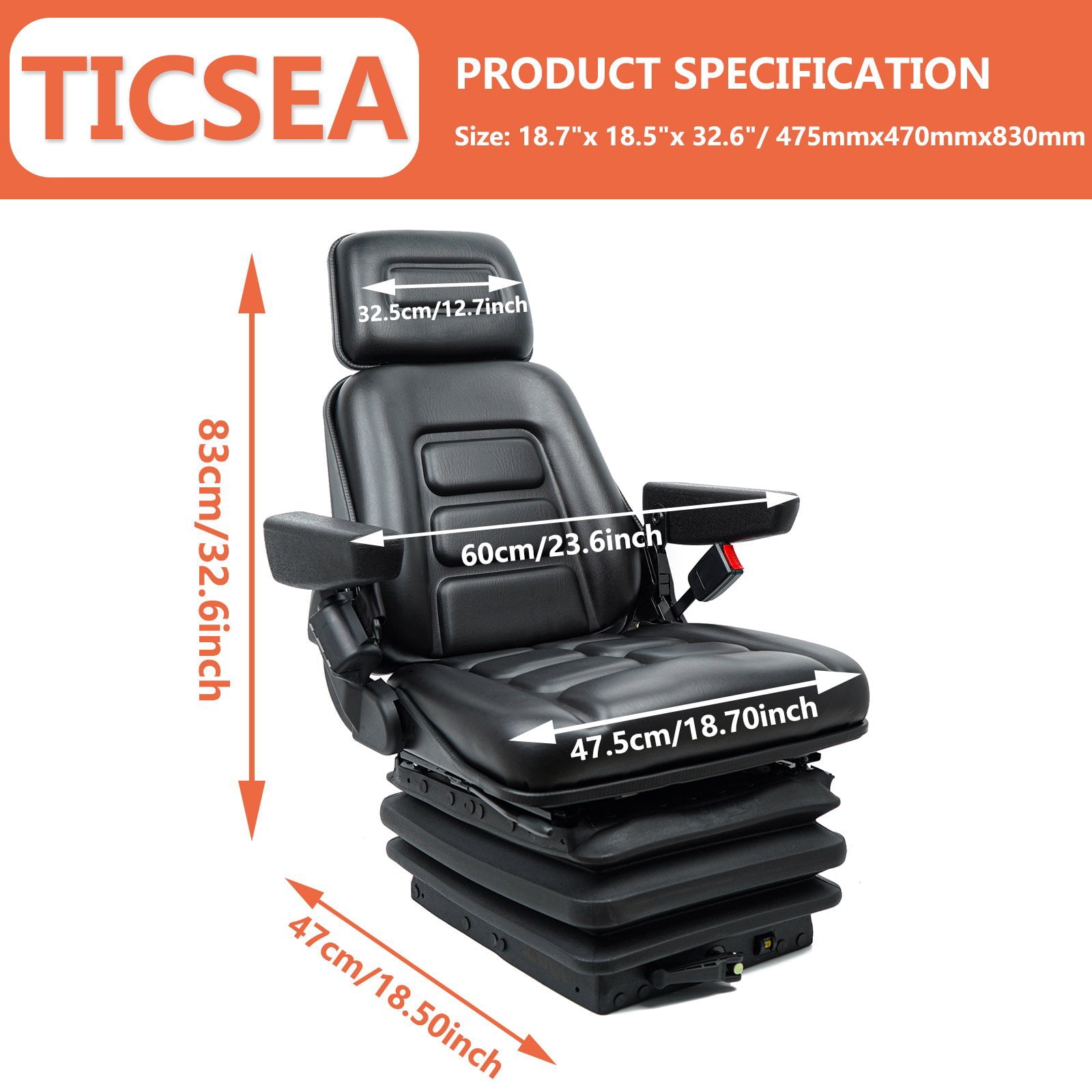 TICSEA Universal Heavy Duty Forklift Seat with Mechanical Suspension, Equipped with Adjustment Arm Rest, Seat Belt for Tractor Excavator Skid Steer