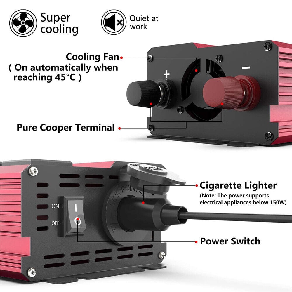 1000W Power Inverter Car Converter Adapter, 500W DC 12V to AC 110V Pure Sine Wave Solar Converter