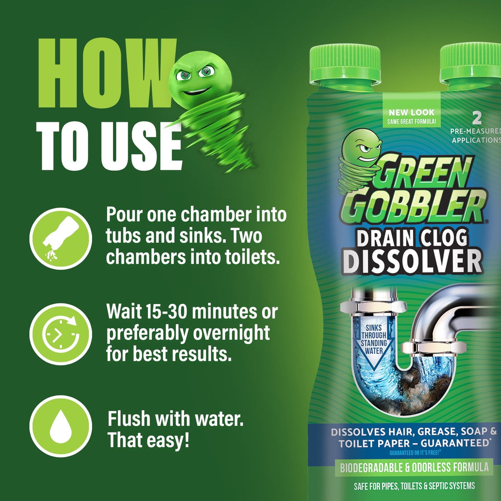 Green Gobbler Drain Clog Remover & Cleaner for Toilets, Sinks, Showers  Septic-Safe,  31 oz