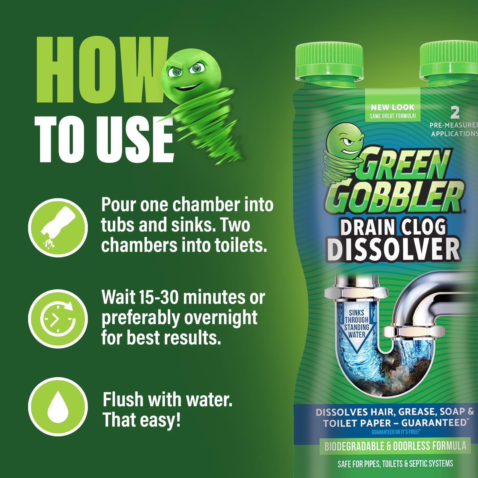Green Gobbler Drain Clog Remover & Cleaner for Toilets, Sinks, Showers  Septic-Safe,  31 oz