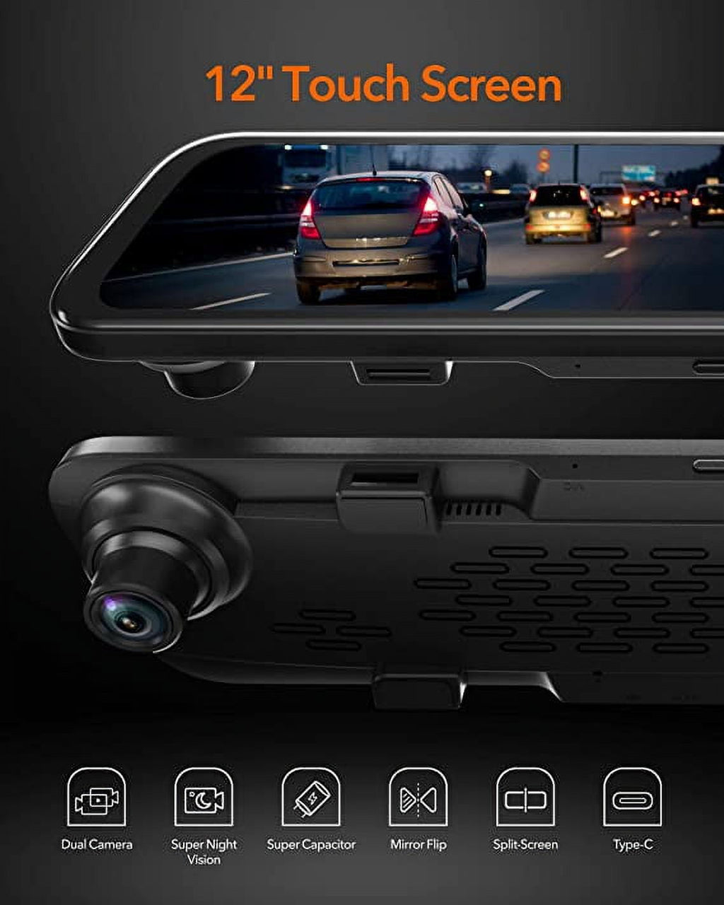 WOLFBOX 12" Mirror Dash Cam Backup Camera, 4k Mirror Dash Cam Front and 1080P Rear, Rearview Mirror for Cars with Night Vision, Free 32GB Card