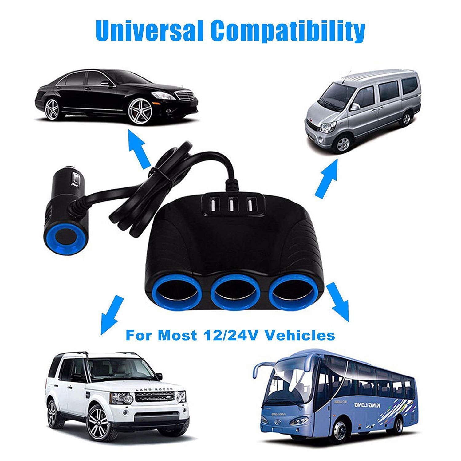 120W 3-Socket 3 USB Charging Port Cigarette Lighter Splitter, EEEkit Car Charger Power Adapter with Blue LED Light, DC 12V/24V Multi-Power Outlet Fit for GPS, Dash Cam, Smart Phones, iPad