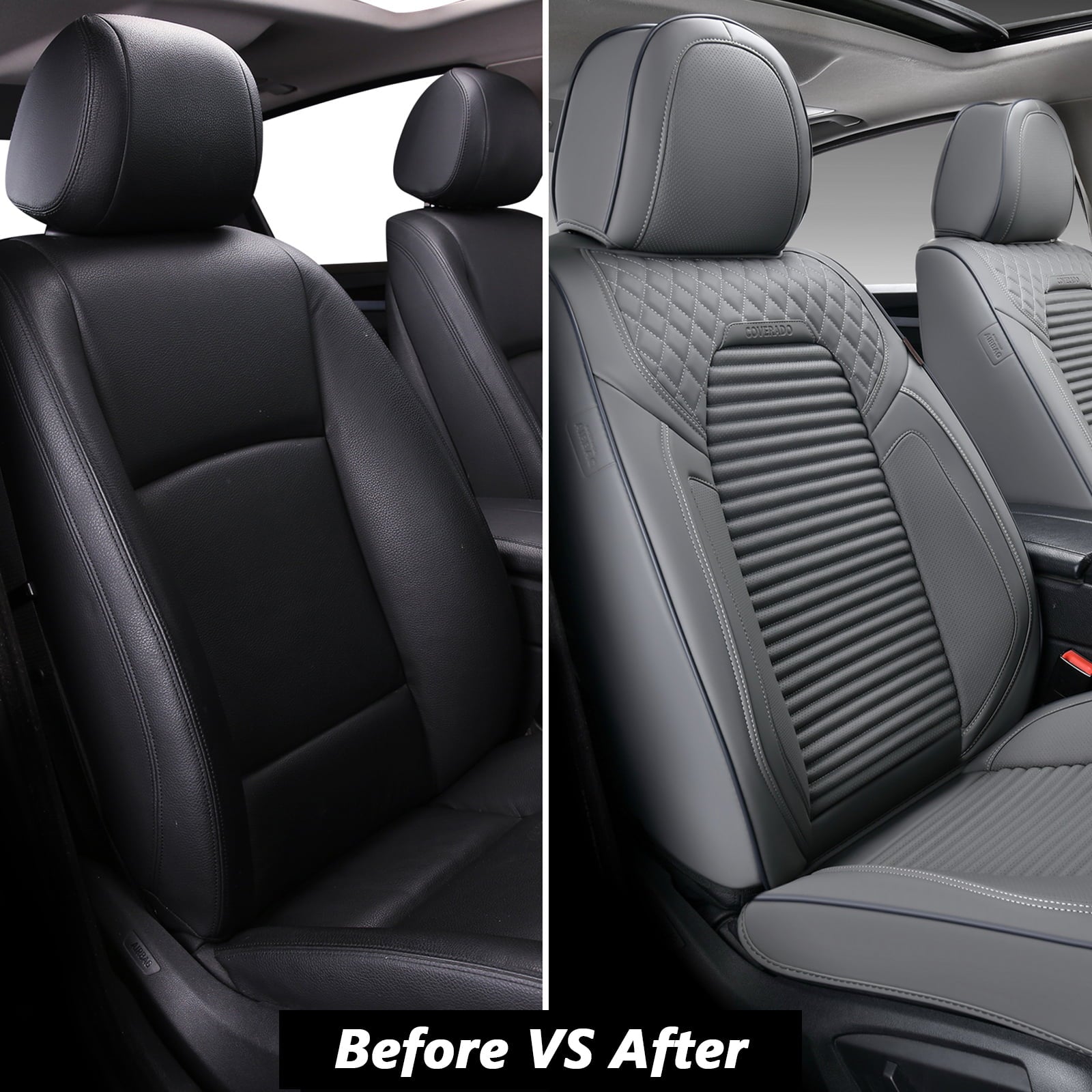 Coverado Premium Leather Car Seat Covers Gray Full Set, Fashion Auto Front and Back Seat Covers 13 Pieces,  Seat Protectors Interior Accessories Universal Fit Sedan, SUVs, Pickup Trucks