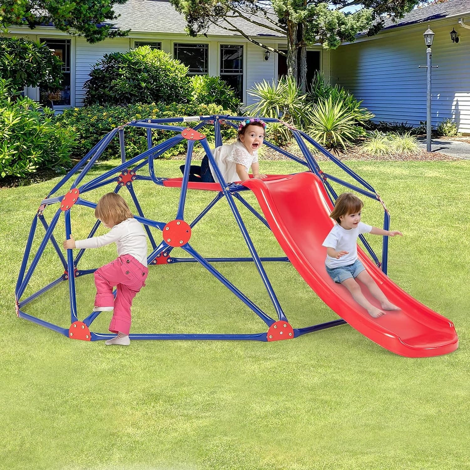 OLAKIDS Climbing Dome with Slide, Kids Outdoor Jungle Gym Geodesic Climber, Steel Frame, 8FT Climb Structure Backyard Playground Center Equipment for Toddlers 3-8