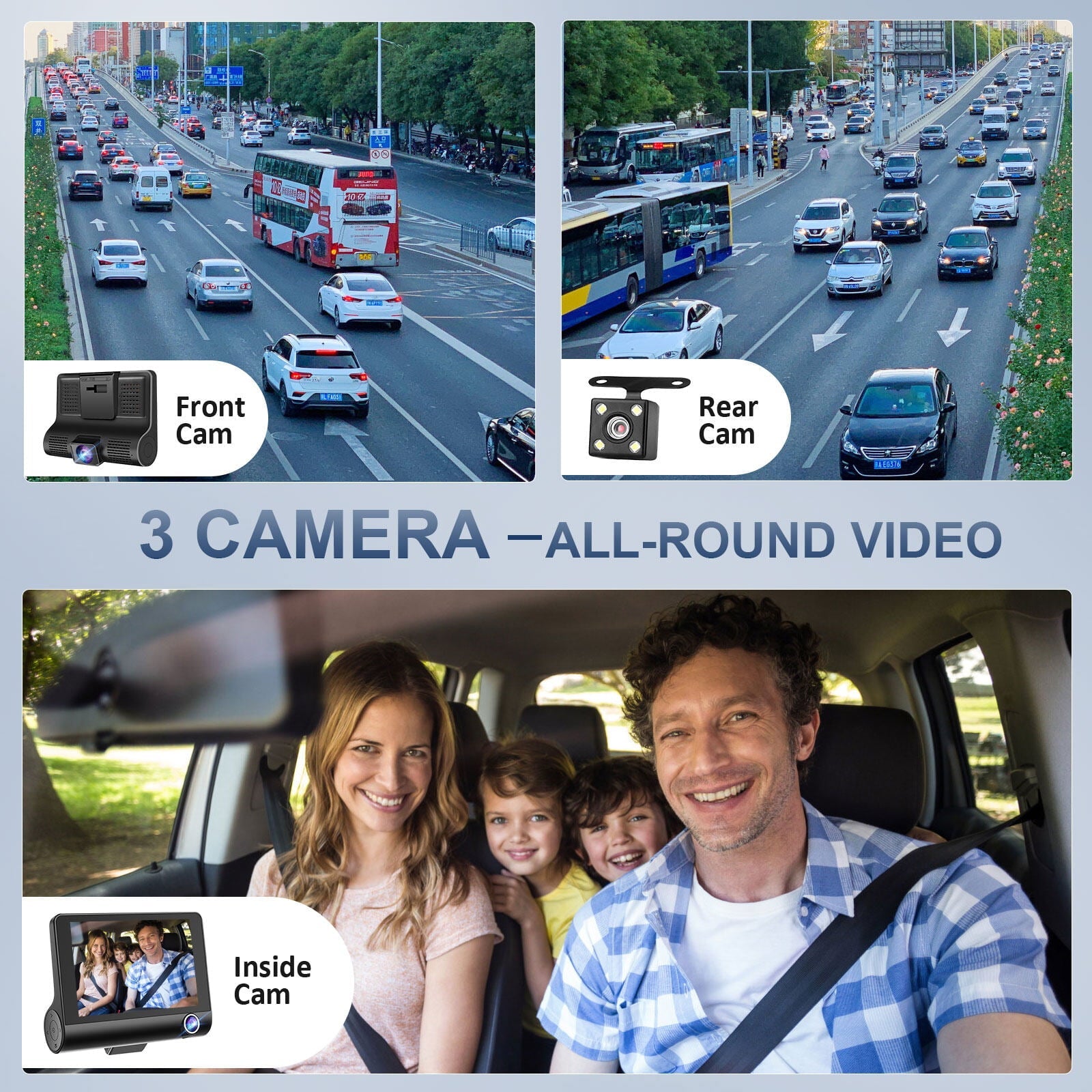 3 Channel Dash Cam Front and Rear Inside, 1080P Dash Camera for Cars, Dashcam Three Way Triple Car Camera with IR Night Vision, Loop Recording, G-Sensor, Parking Monitor, 24 Hours Recording