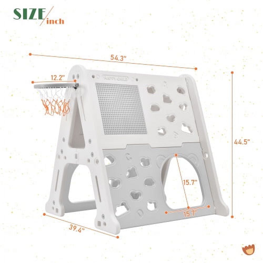5-in-1 Toddler Climber Basketball Hoop Set Kids, Montessori Climbing Toys for Baby, Playground Climber Playset with Tunnel, Climber, Whiteboard,Toy Building Block Baseplates, Gift for Boys Girls, Gray