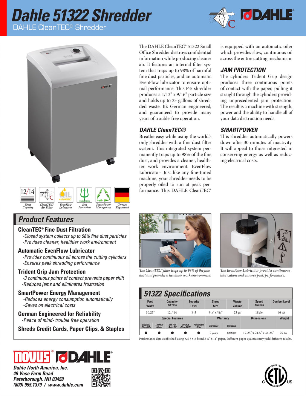 DAHLE CleanTEC 51322 Paper Shredder w/Air Filter, Auto Oiler, Jam Protection, 12 Sheet Max, Level P-5