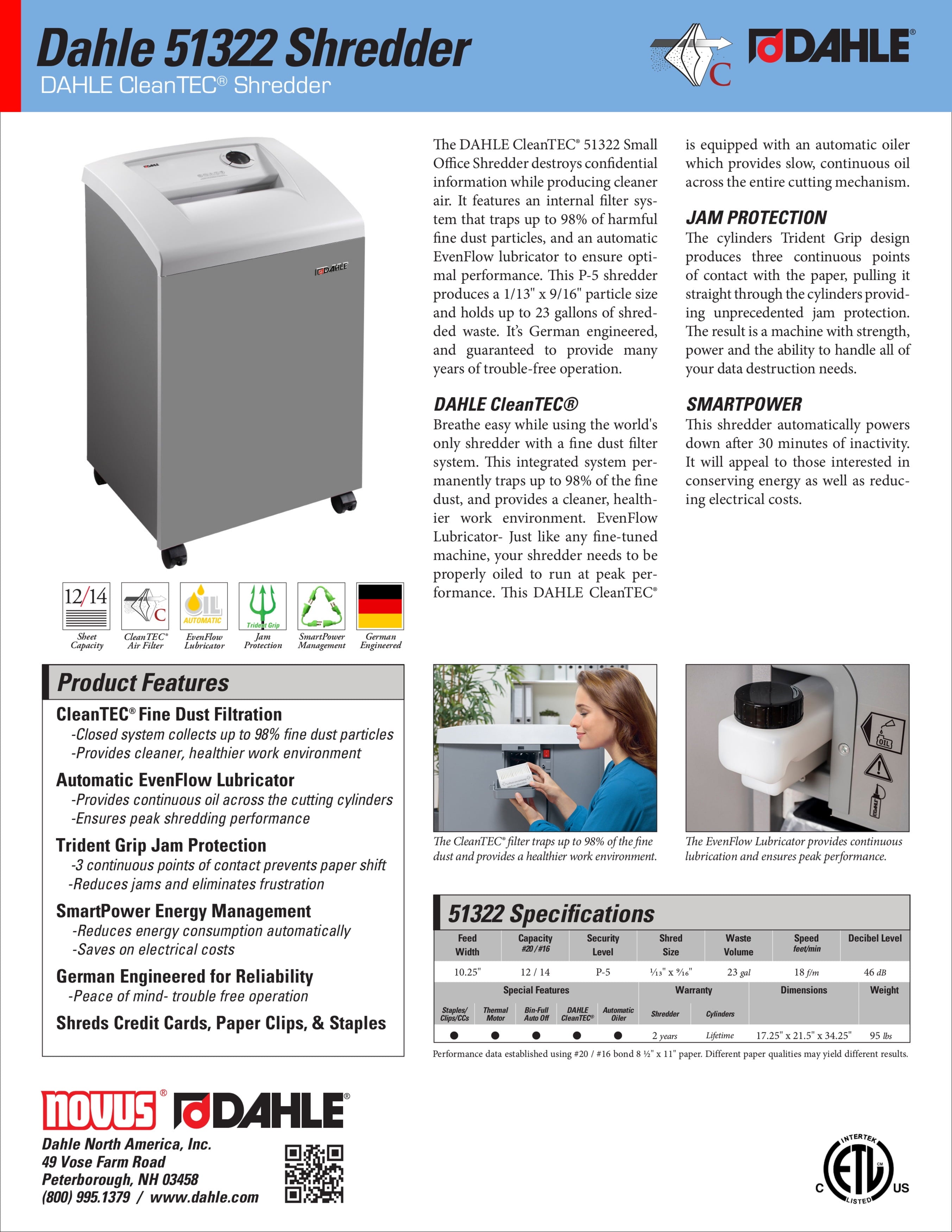 DAHLE CleanTEC 51322 Paper Shredder w/Air Filter, Auto Oiler, Jam Protection, 12 Sheet Max, Level P-5