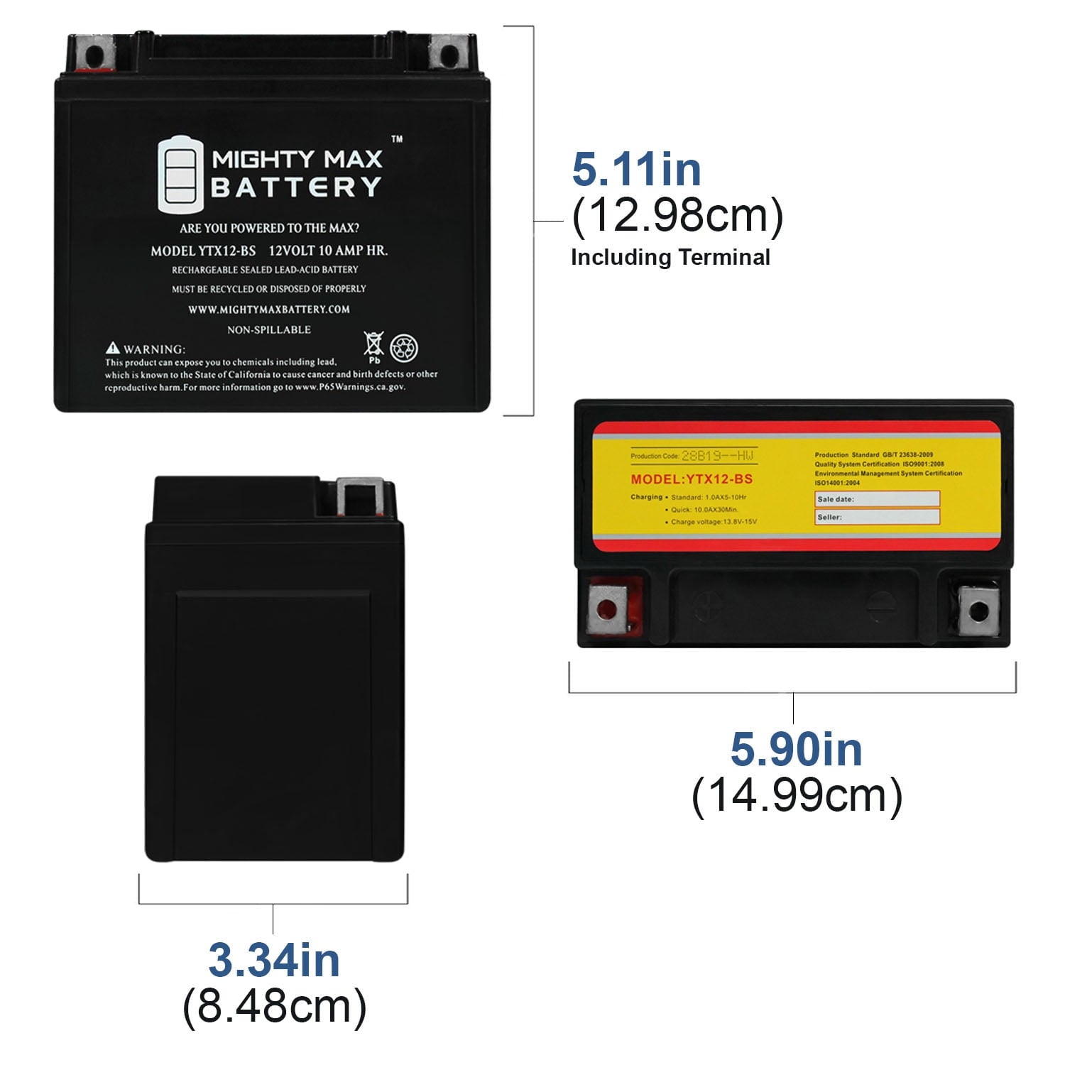 "YTX12-BS 12 Volt 180 Power Sports Battery Replaces 12-BS, GTX12-BS"