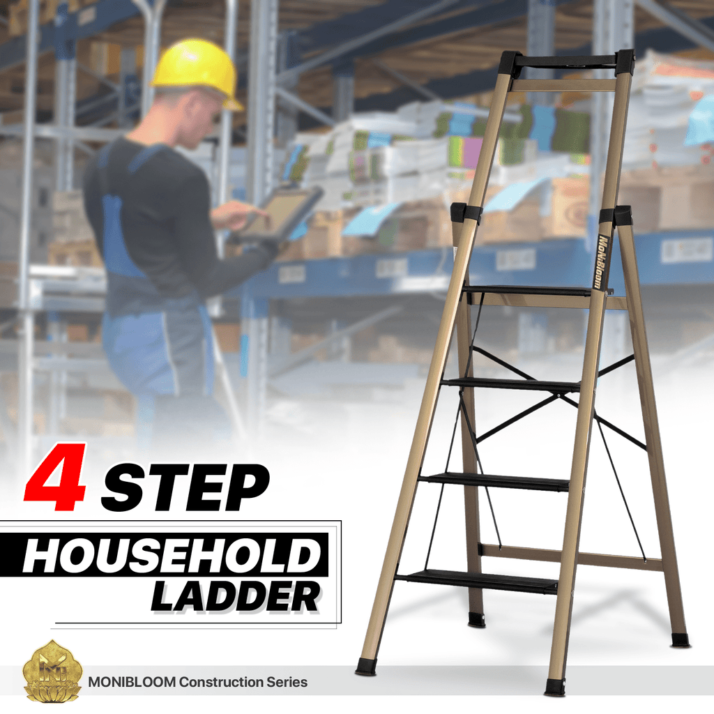 MoNiBloom 4 Step Ladder Folding Stool Heavy Duty 331Lbs Capacity Industrial Lightweight, Black/Gold