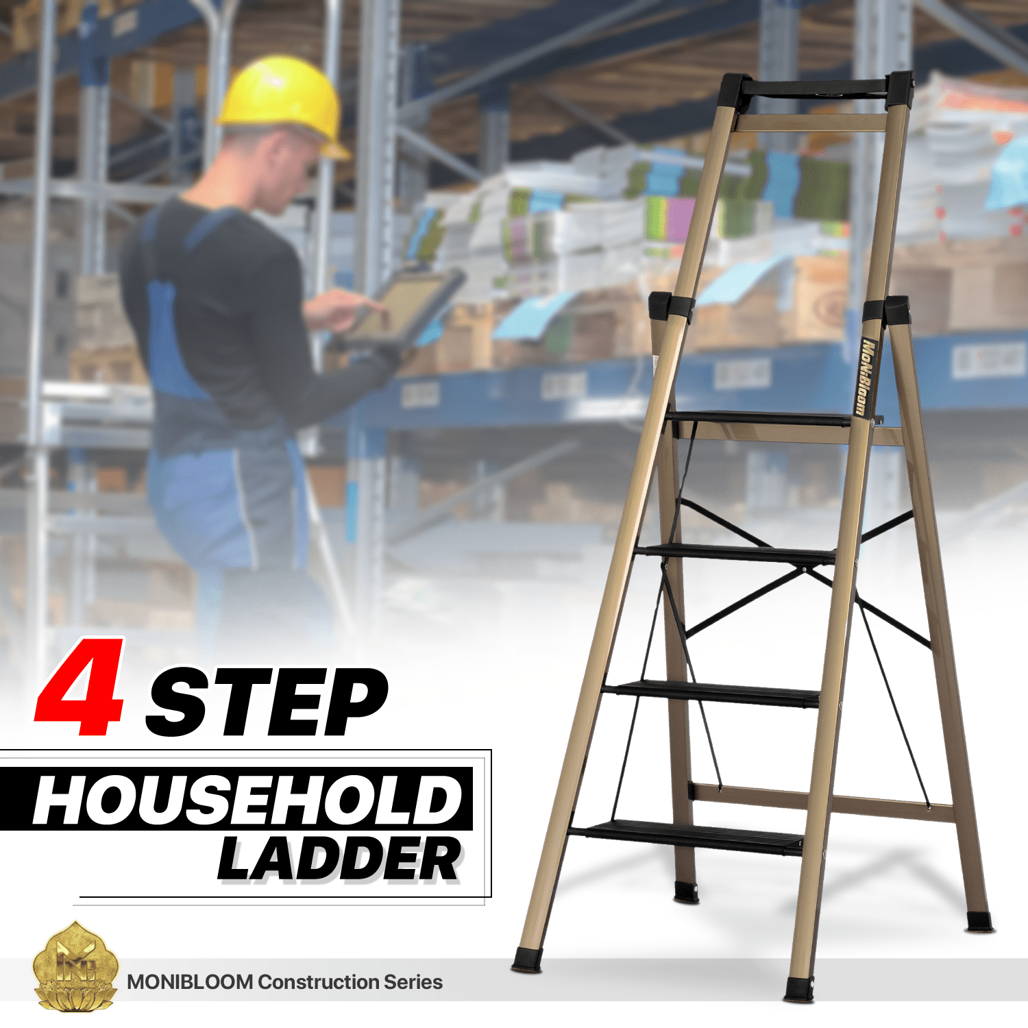 MoNiBloom 4 Step Ladder Folding Stool Heavy Duty 331Lbs Capacity Industrial Lightweight, Black/Gold