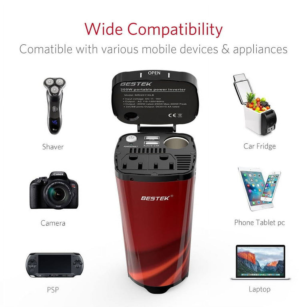BESTEK 200W Power Inverter for Car with 2 AC Outlets and 4.5A Dual USB Ports Car Power Inverter Adapter with Car Cigarette Lighter Socket