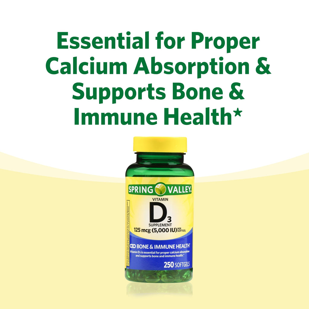 Spring Valley Vitamin D3 Softgels, 125 mcg per Softgel, 5,000 IU, 250 Count