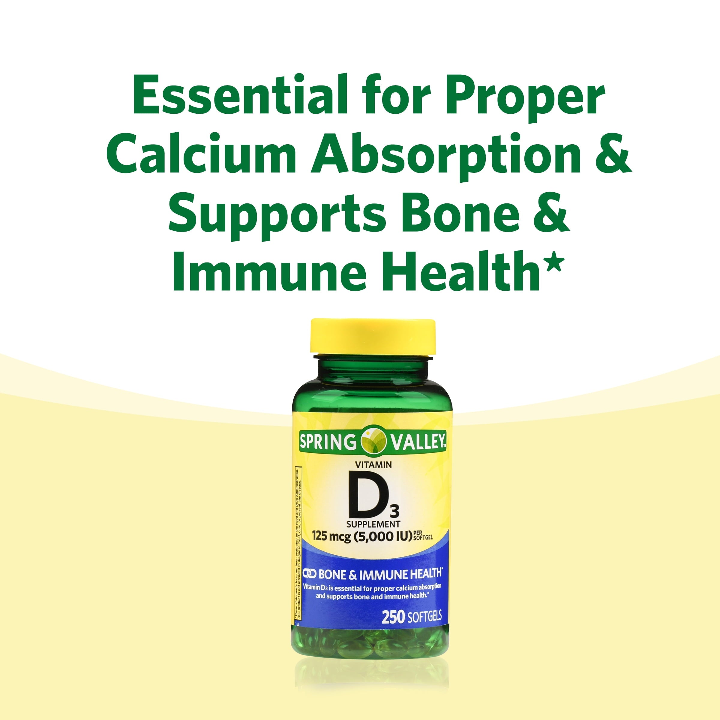 Spring Valley Vitamin D3 Softgels, 125 mcg per Softgel, 5,000 IU, 250 Count
