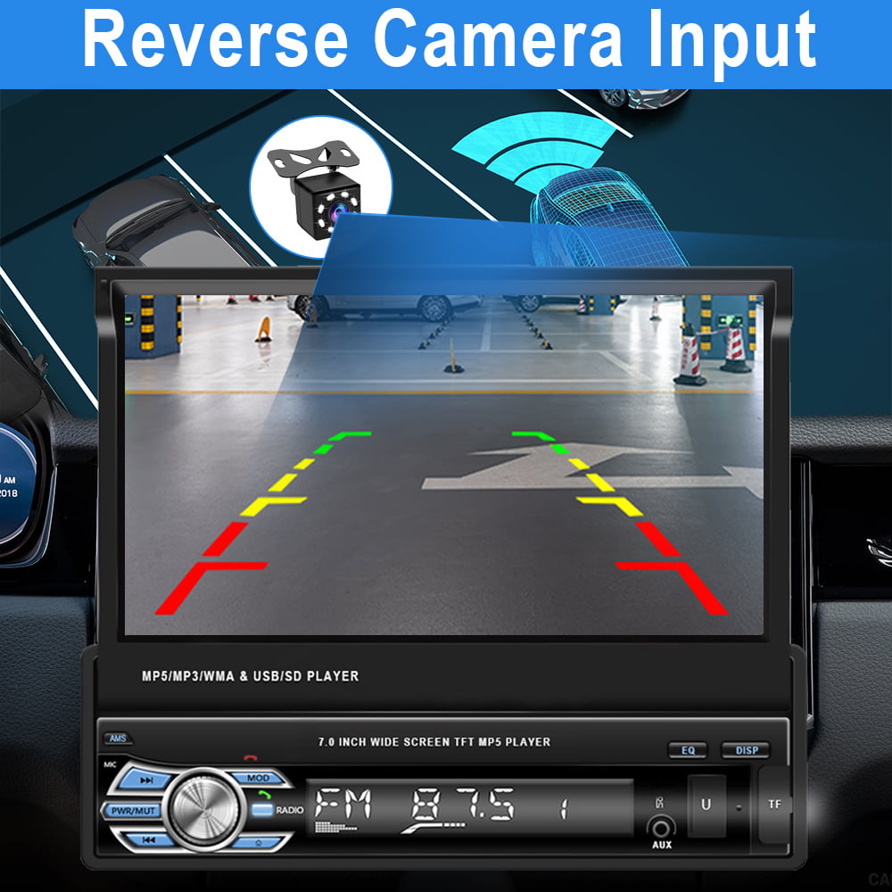 Podofo 1 DIN 7" HD Retractable Car Stereo Car Radio with Bluetooth Touch Screen Single Din Car MP5 Player Monitor SD FM USB with 4 LED Rear View Camera