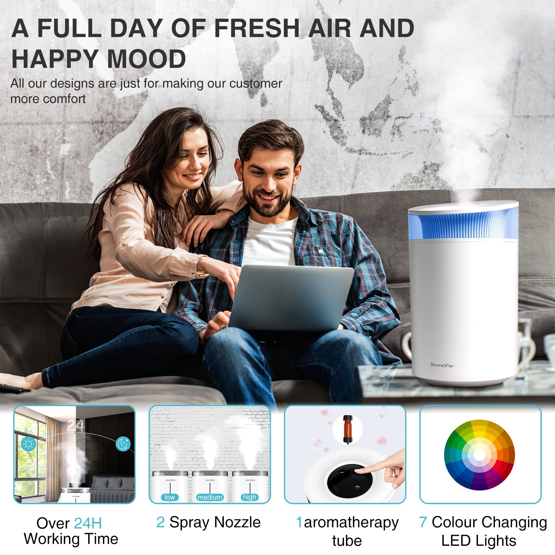 VAVSEA Room Humidifier for Bedroom, 2.5L UltraQuiet Cold Mist Air Humidifier for Baby ＆ Home, with Essential Oil, 4 Air Diffusion Modes, 7-Color LED Light, Up to 30 hour Runtime