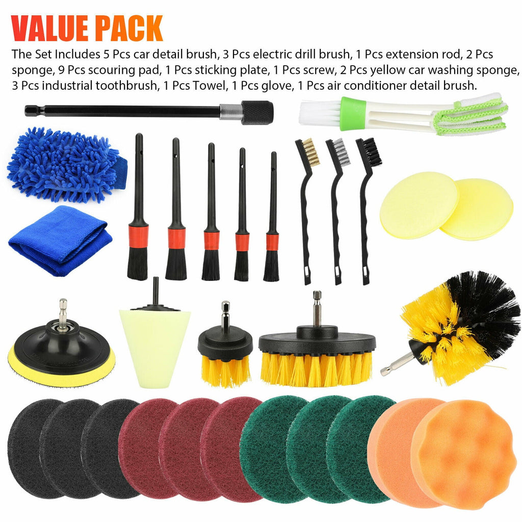 Carbole 30 Pcs Brush Cleaning Kit, Drill Brush Attachment Set with Pad Sponge for  Bathroom Kitchen Car Cleaning