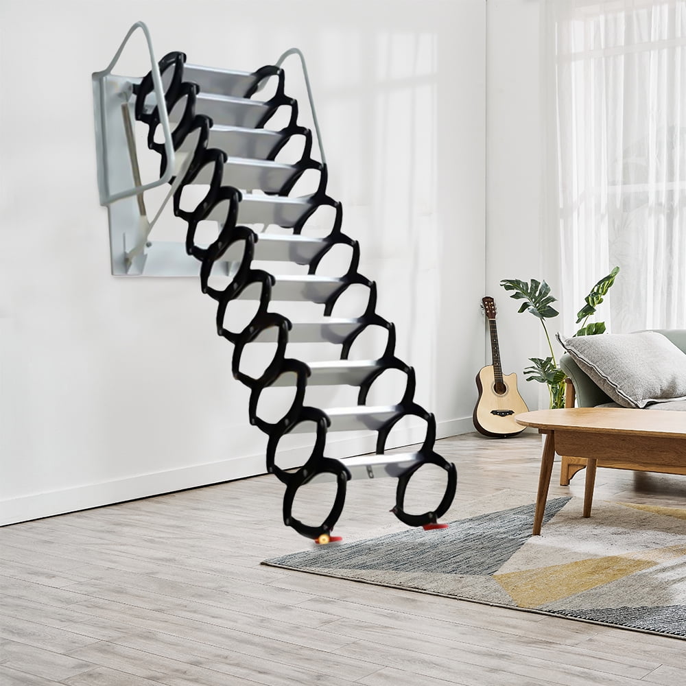 Loft Telescoping Ladder Stairs, 114-122" Wall Mounted Folding Ladder Scissor Structure Collapsible Attic Extendable Stairs,White/Black 12 Steps