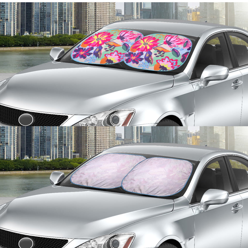Auto Drive Sedan SUV Hatchback Windshield Floral Design Twist Sun Shade 1 Pair, 28.5"x 31.5"