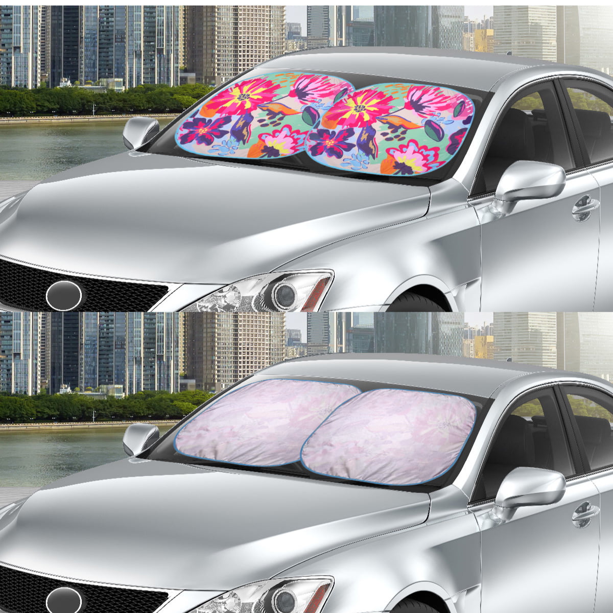 Auto Drive Sedan SUV Hatchback Windshield Floral Design Twist Sun Shade 1 Pair, 28.5"x 31.5"