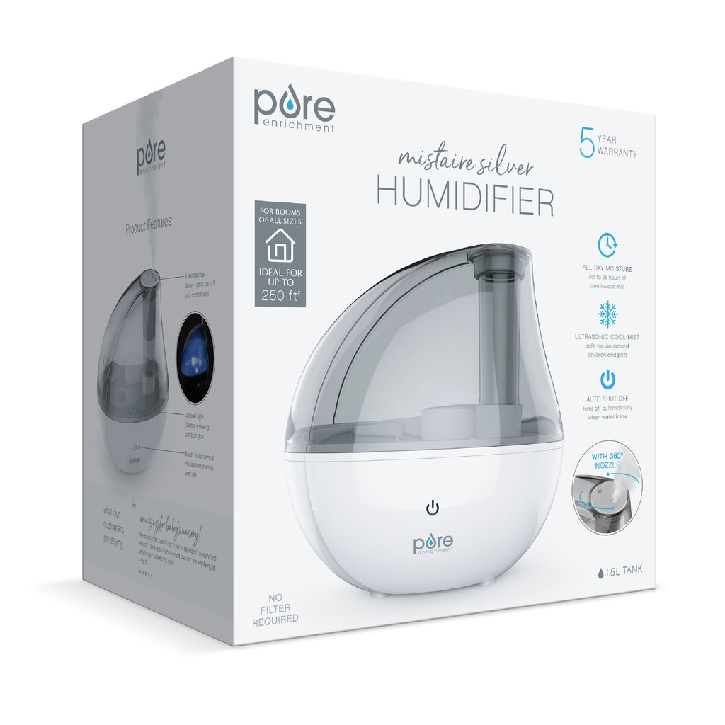 Pure Enrichment® MistAire™ Silver Ultrasonic Cool Mist Humidifier - Lasts Up to 25 Hours, Whisper-Quiet Overnight Operation, 360° Mist Nozzle, Easy-Fill Tank, & Auto Safety Shut-Off