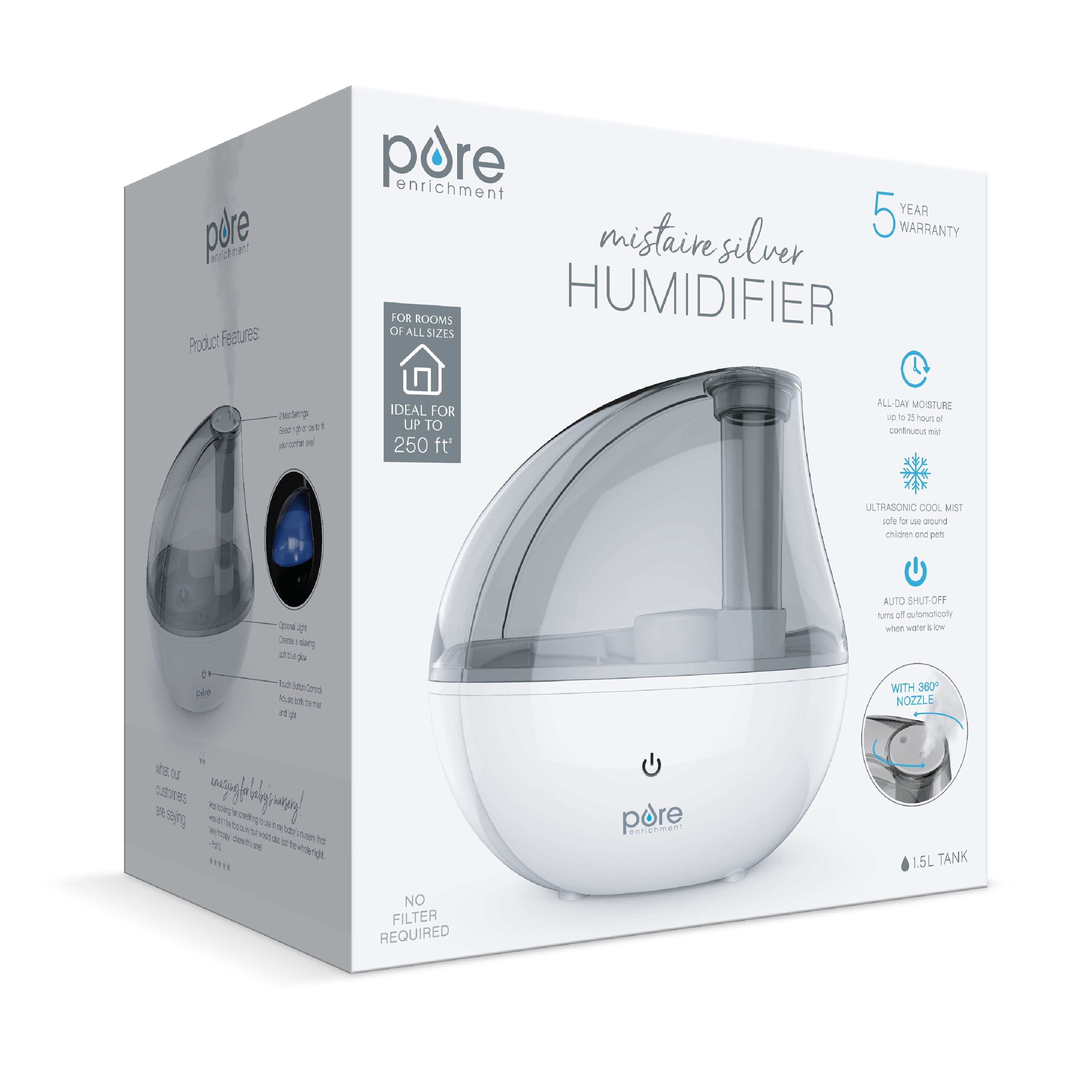 Pure Enrichment® MistAire™ Silver Ultrasonic Cool Mist Humidifier - Lasts Up to 25 Hours, Whisper-Quiet Overnight Operation, 360° Mist Nozzle, Easy-Fill Tank, & Auto Safety Shut-Off