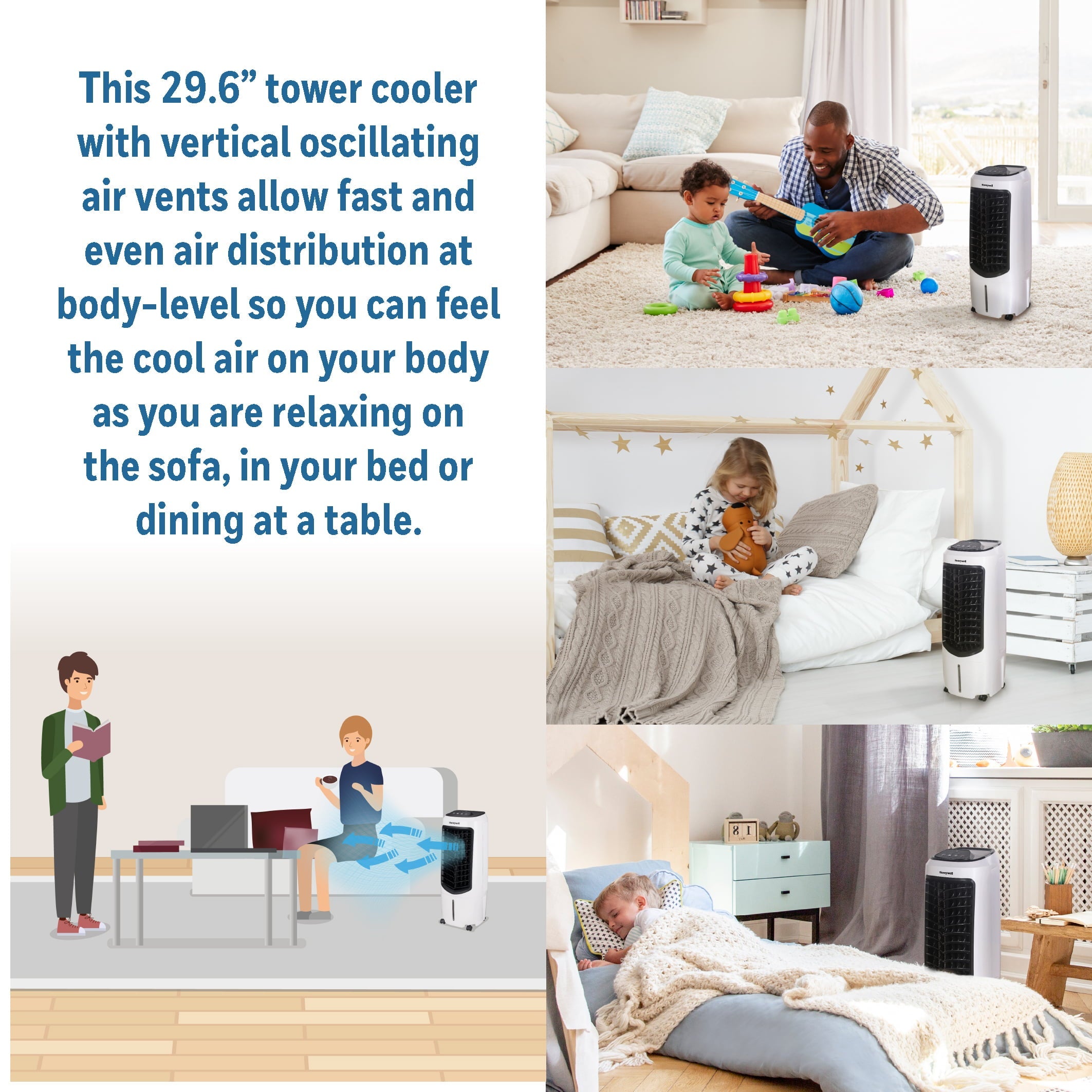Honeywell Portable Evaporative Cooler with Fan, Humidifier & Remote, 29.6" TC10PEU, White