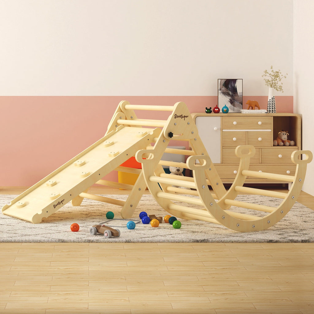 BanaSuper Large 3 in 1 Climbing Triangle Ladder with Ramp & Arch Foldable Wooden Climbing Triangle Set Montessori Climbing Toys for Baby Ourdoor Indoor Playground Play Gym Gift for Boys Girls