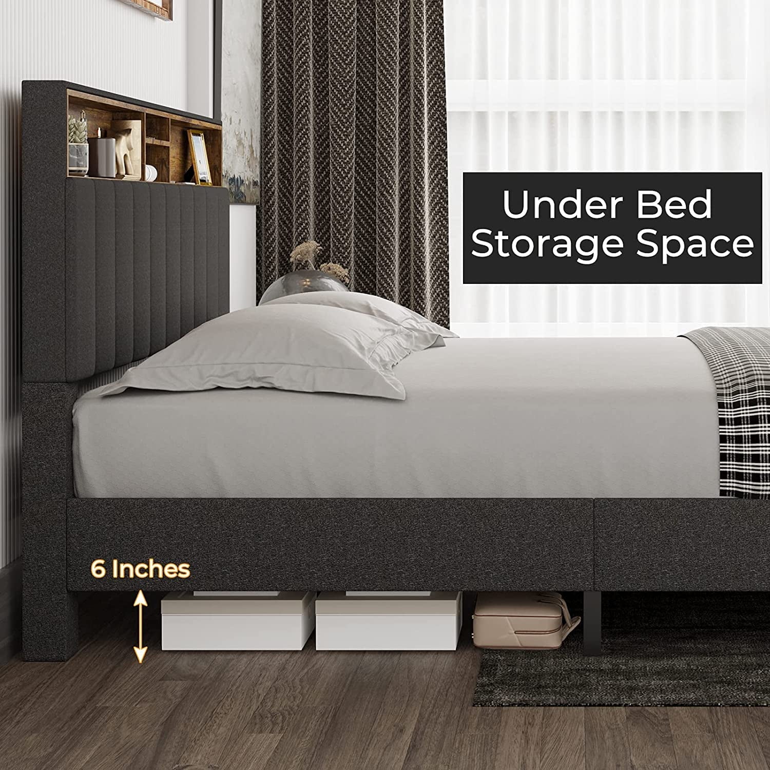 ADORNEVE Queen Size Platform Bed Frame, Modern Fabric Upholstered Bed with Power Strip and Storage Headboard Height Adjustable, No Box Spring Needed, Dark Gray