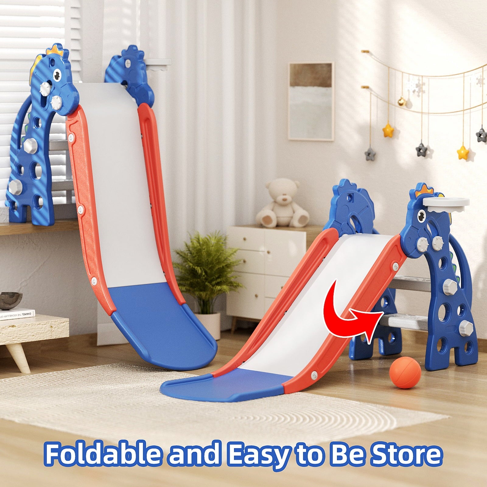 3 in 1 Slide for Kids, Toddler Slide Climber Set for Indoor Outdoor, Freestanding Game Slide with Extra Long Slipping Slope, Basketball Hoop and Ball for Boys & Girls (Blue)