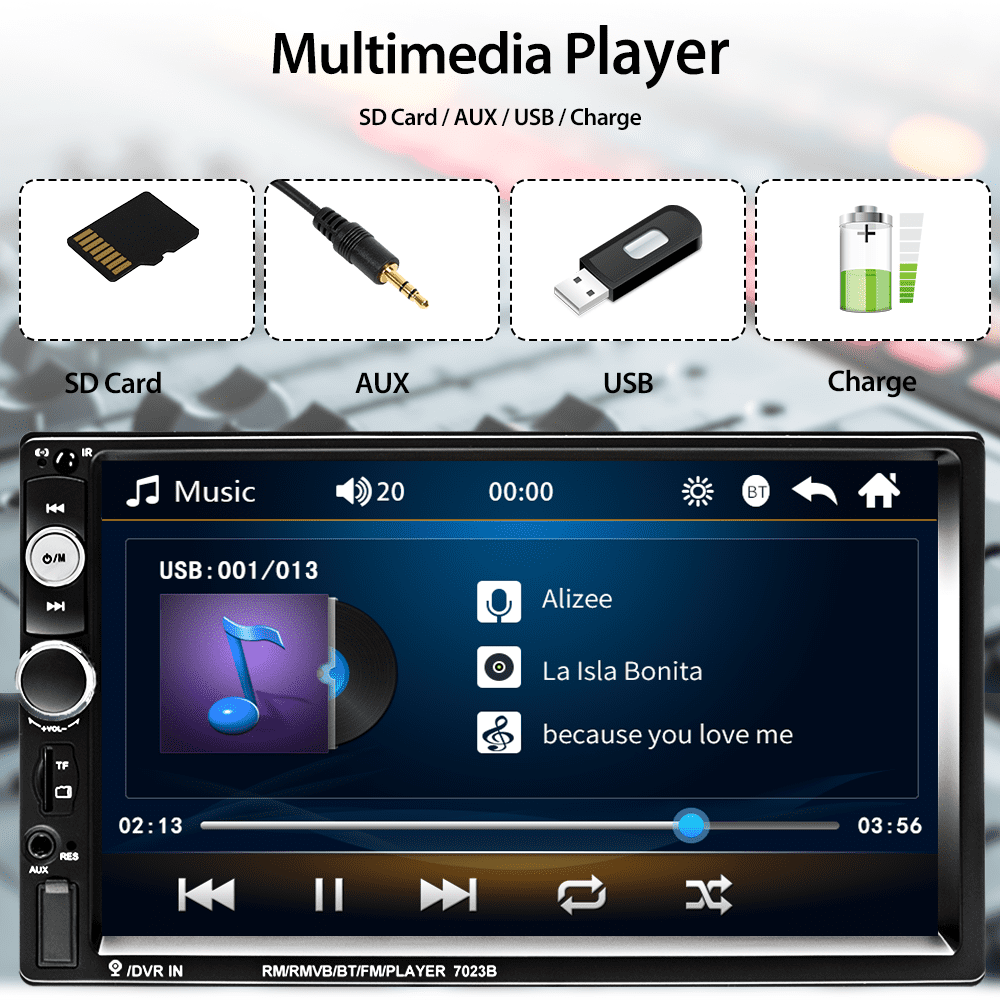 Podofo 12V Double 2 DIN Car Stereo Radio 7" HD MP5 Touch Screen Digital Display Car Video Player with Bluetooth Mirror Link Multimedia Auto SD USB FM AUX Function, with 4 LED Rearview Camera