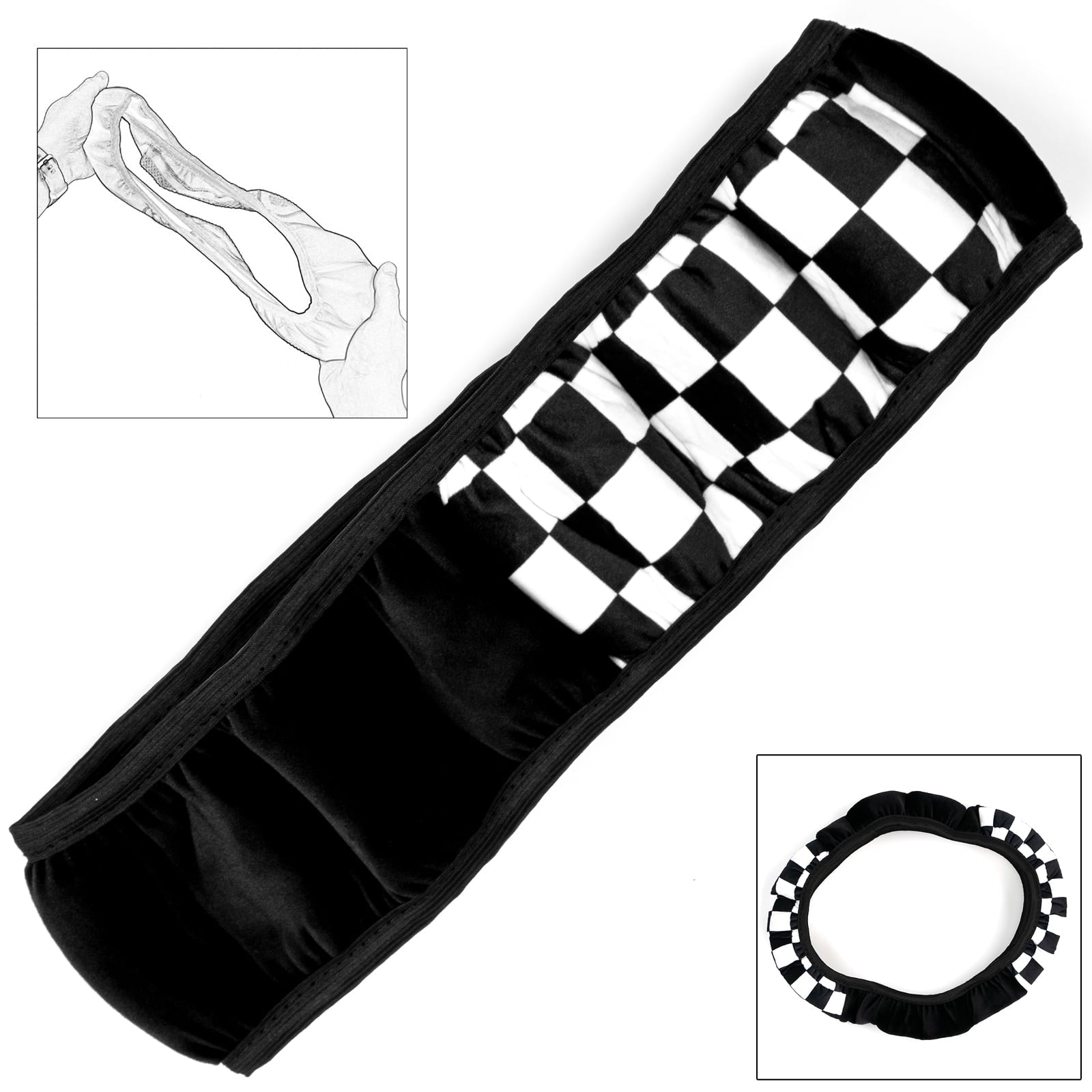 Checkered Plaid Soft Warm Fuzzy Auto Steering Wheel Cover Plush Universal Winter White-Black Fit for Truck, SUV, Cars