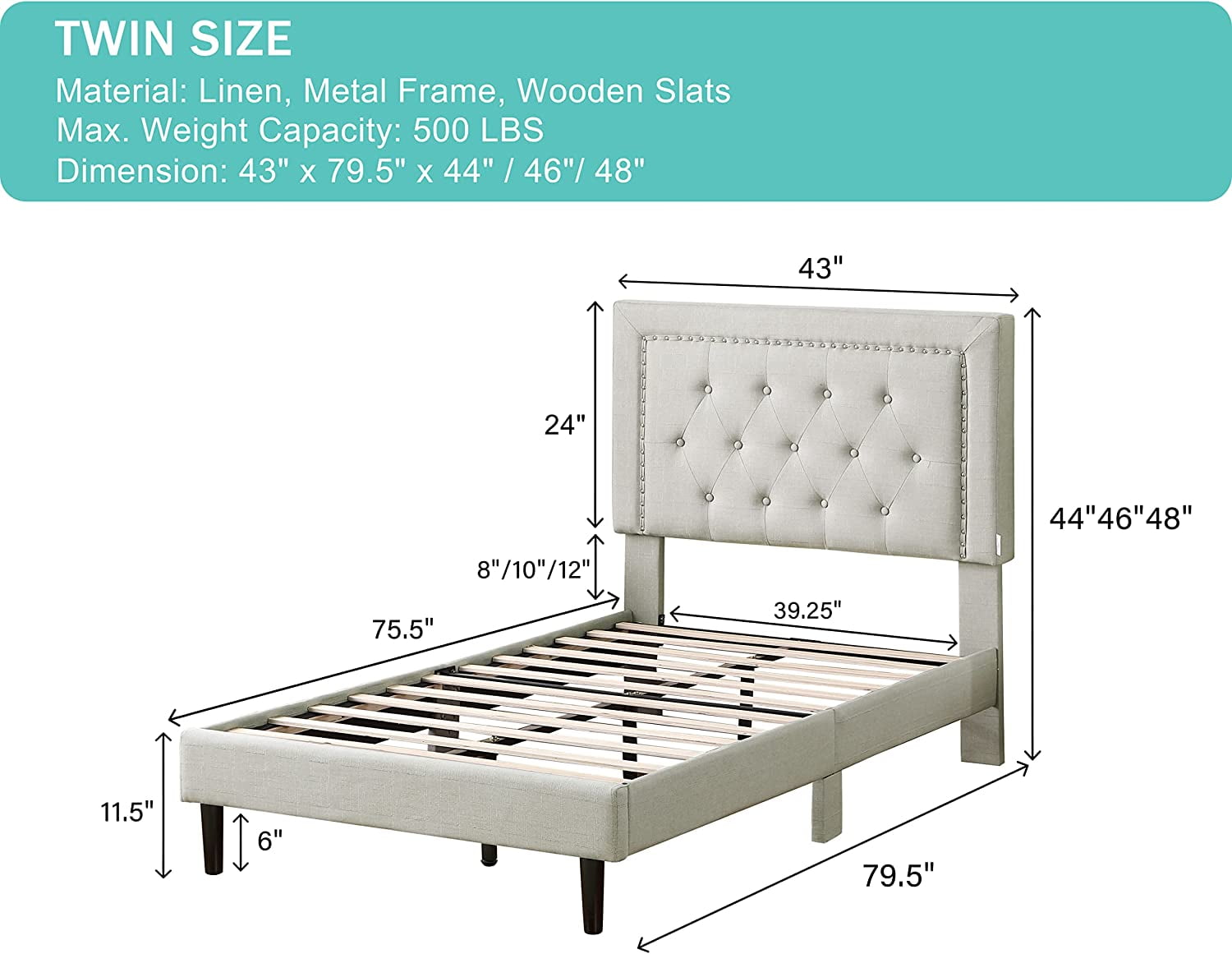 Twin Upholstered Platform Bed Frame with 48" Tall Adjustable Headboard - Button Tufted Cloth Bed - Beige - Oliver & Smith - Berlin