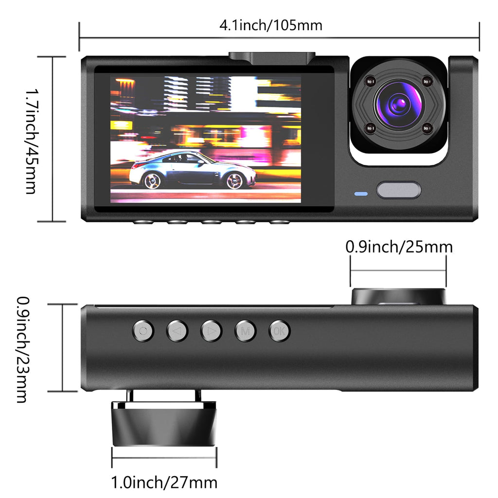 3 Channel Dash Cam Front and Rear Inside with 2" IPS Screen, 1080P Dashcam Three Way Triple Car Camera with IR Night Vision, Loop Recording, G-Sensor, Parking Monitor, 24 Hours Recording