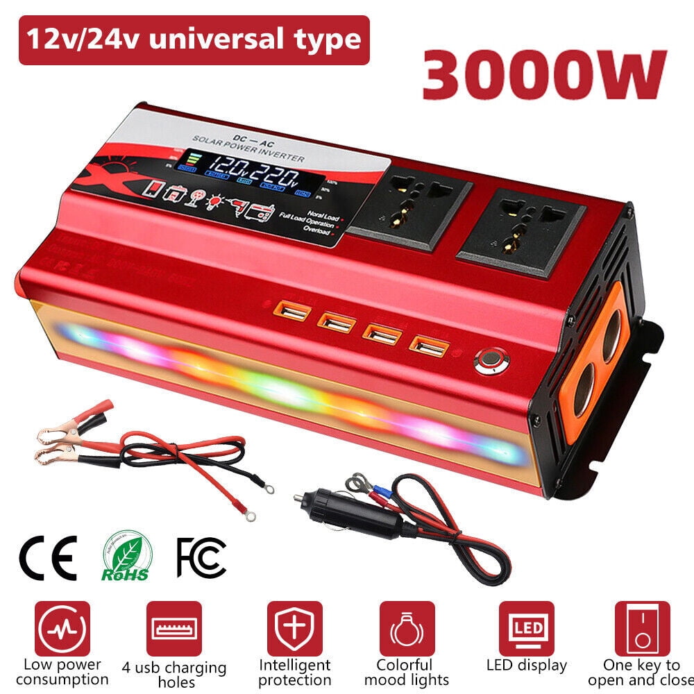 DFITO 3000W Vehicle Car Power Inverter DC 12V to AC 110V Converter LCD Display 4 USB