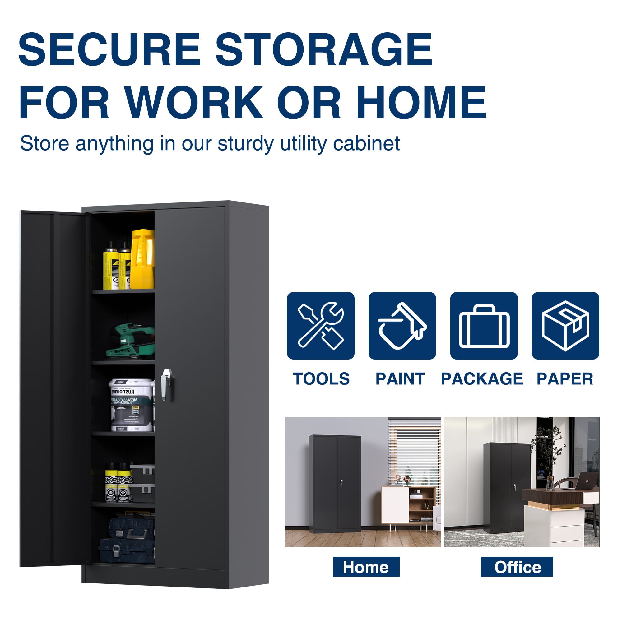 GangMei 71 In Metal Storage Garage Cabinets with Locking Doors and Adjustable Shelves, Steel Storage Cabinet for Garage, Office, Classroom, Assemble Required(Black)