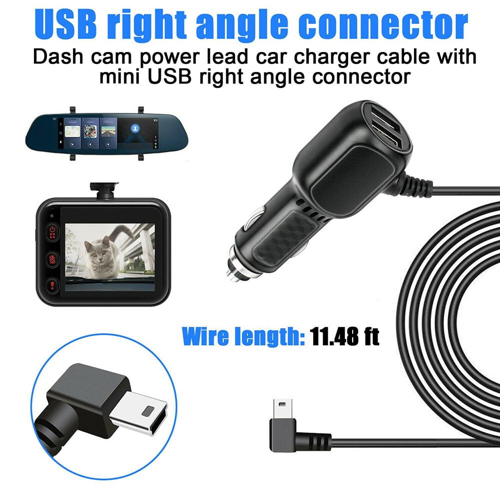 Dash Cam Car Charger Mini USB Cable 11.5ft Power Cord Supply for DVR Camera GPS