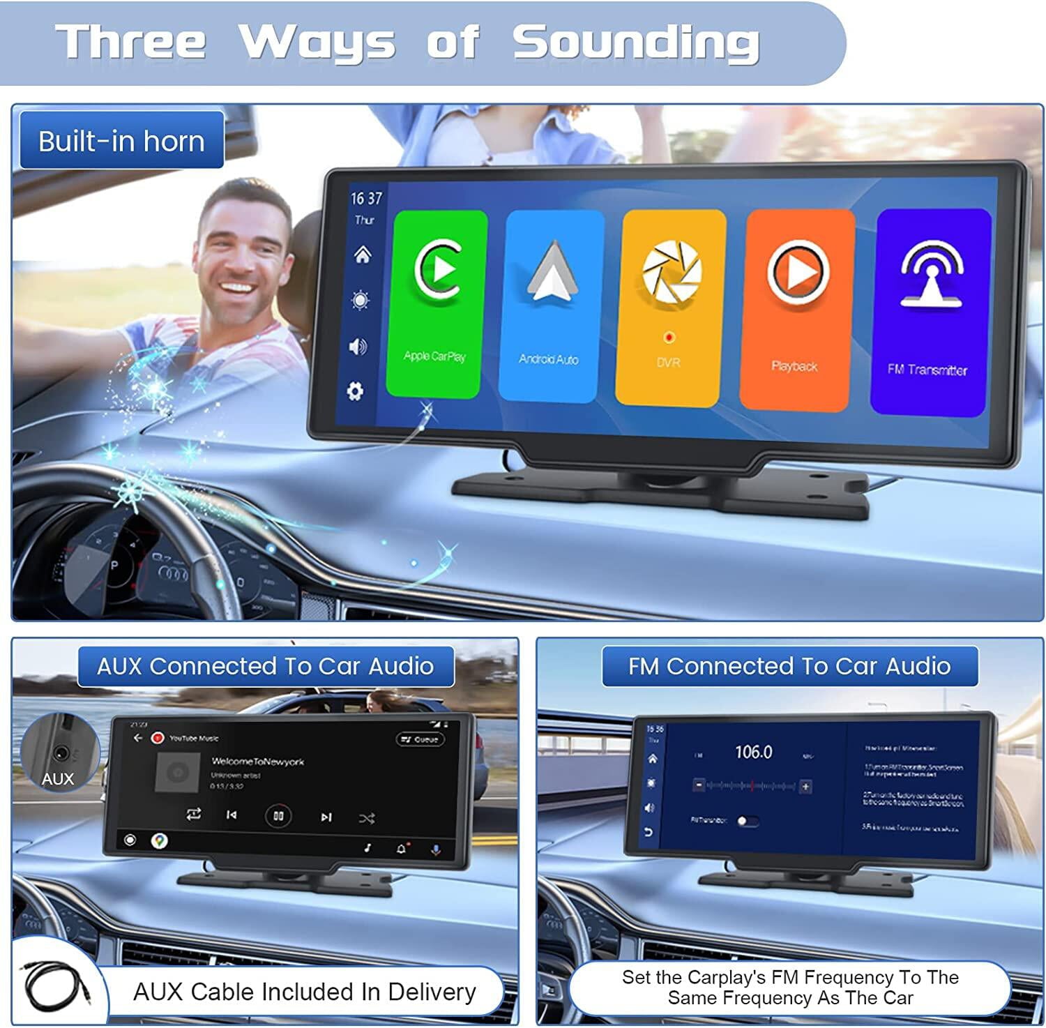 Podofo 7-32V 10.26" Portable Car Stereo Radio Wireless Carplay Android Auto HD Touch Screen Player FM Bluetooth Voice Control for (No Rearview Camera)