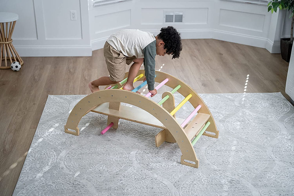 Avenlur BAILIS Seesaw Rocker Climber Arch with Handles and Built in Seat for Toddlers - Montessori Waldorf Style Wooden Colorful Rainbow Arch Climbing Play Structure for Kids (Colored Bars)