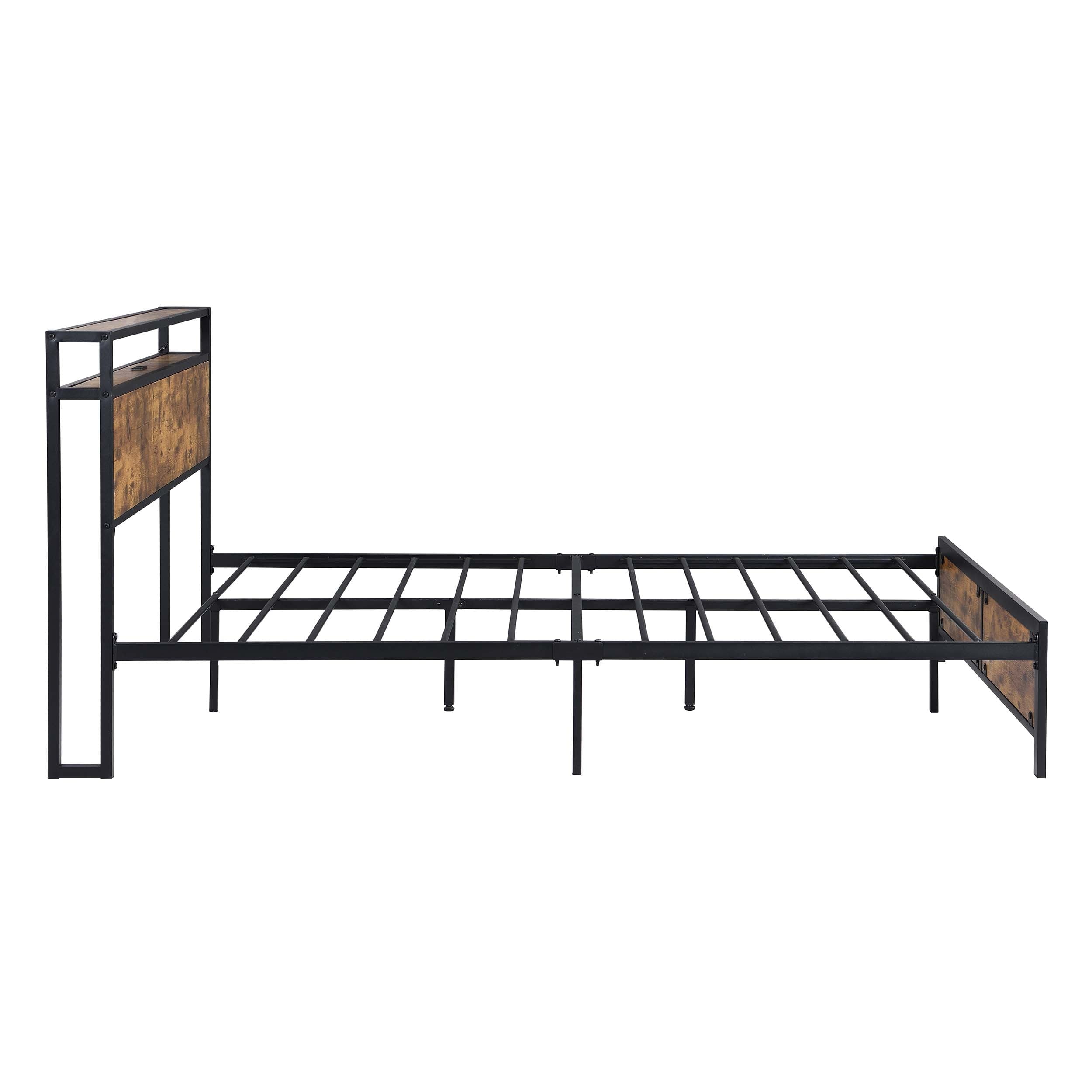 Miniyam Full Size Platform Bed Frame with 2 USB Ports & LED Lights, Vintage Brown