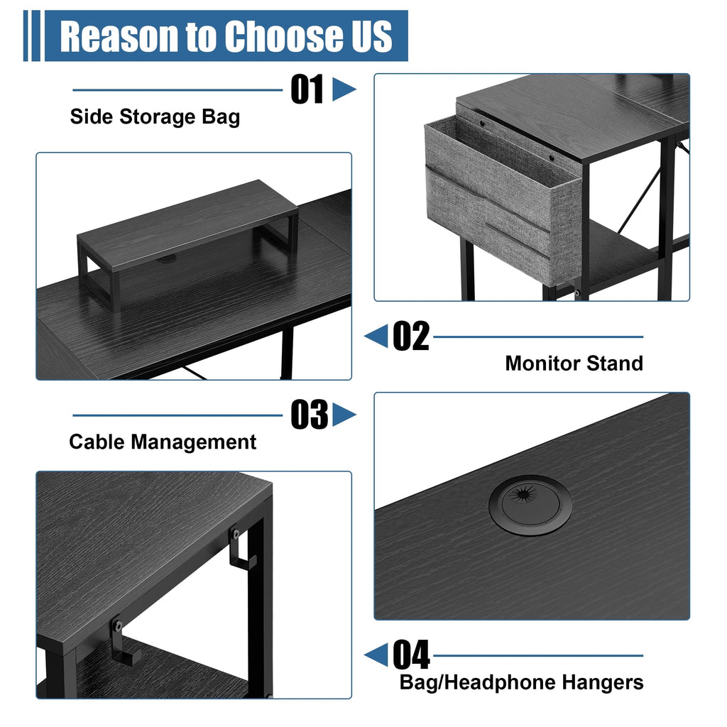 Lulive L-Shaped Computer Desk, 95" Reversible Computer Desk Office Desk with 3 Shelves/Monitor Stand/ Storage Bag/Hooks for Home Office, Black