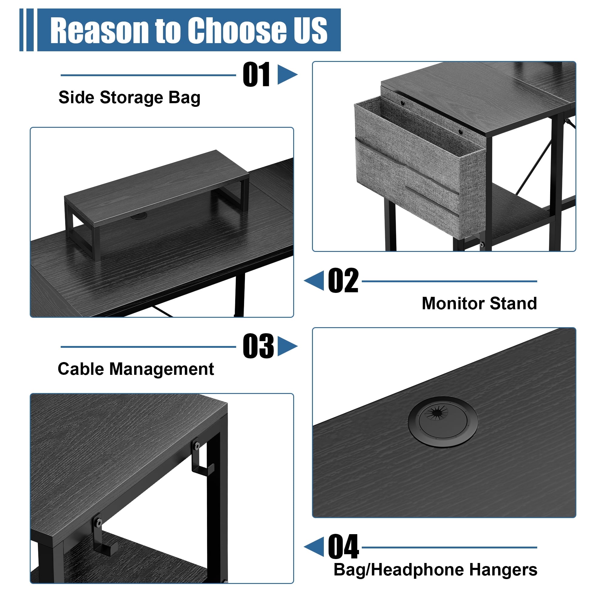 Lulive L-Shaped Computer Desk, 95" Reversible Computer Desk Office Desk with 3 Shelves/Monitor Stand/ Storage Bag/Hooks for Home Office, Black