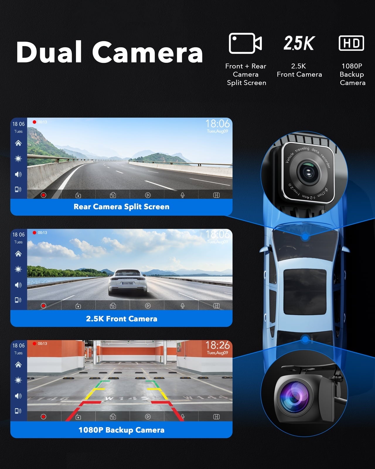 LAMTTO 9" HD IPS Screen Wireless Car Stereo Apple Carplay with 2.5K Dash Cam,1080P Backup Camera,Portable Touch Screen GPS Navigation for Car, Car Audio Receivers with Bluetooth,Android Auto
