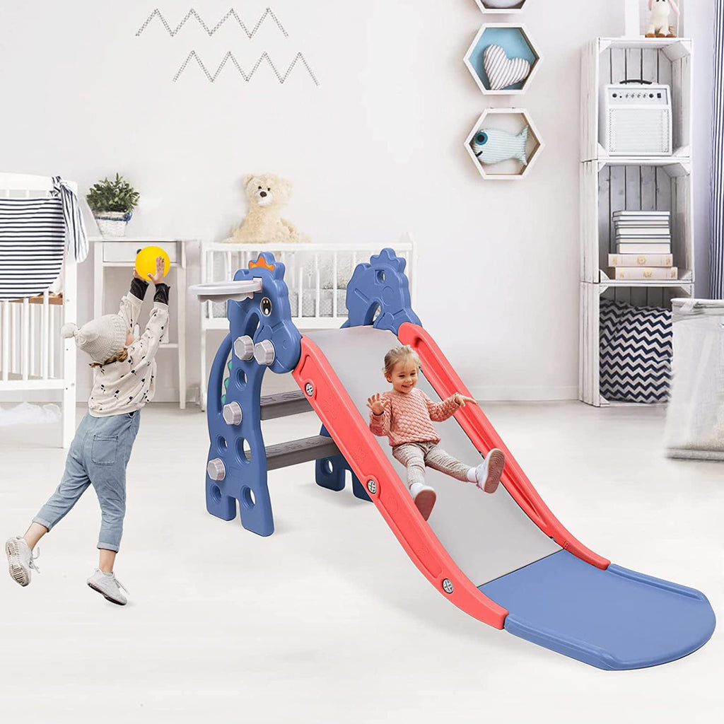 3 in 1 Slide for Kids, Toddler Slide Climber Set for Indoor Outdoor, Freestanding Game Slide with Extra Long Slipping Slope, Basketball Hoop and Ball for Boys & Girls (Blue)