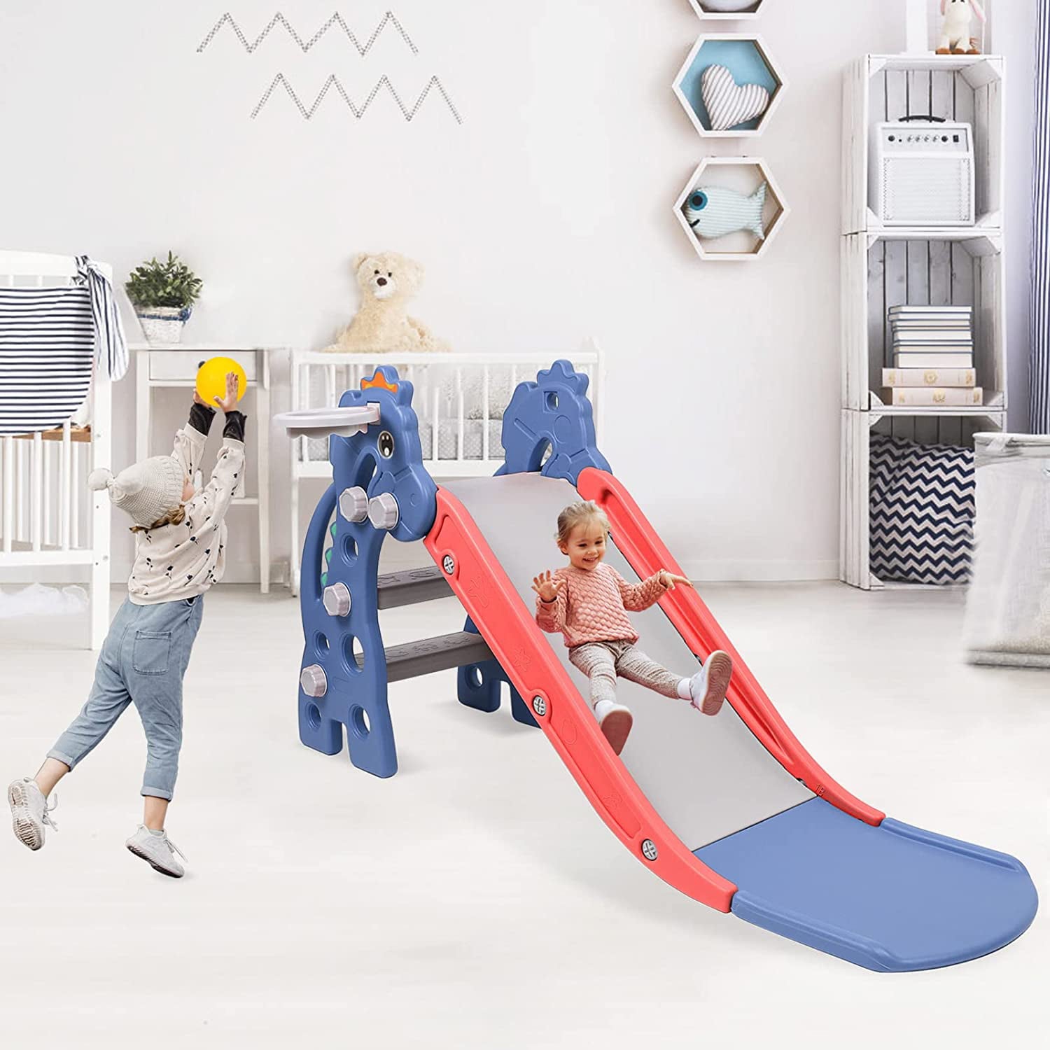 3 in 1 Slide for Kids, Toddler Slide Climber Set for Indoor Outdoor, Freestanding Game Slide with Extra Long Slipping Slope, Basketball Hoop and Ball for Boys & Girls (Blue)