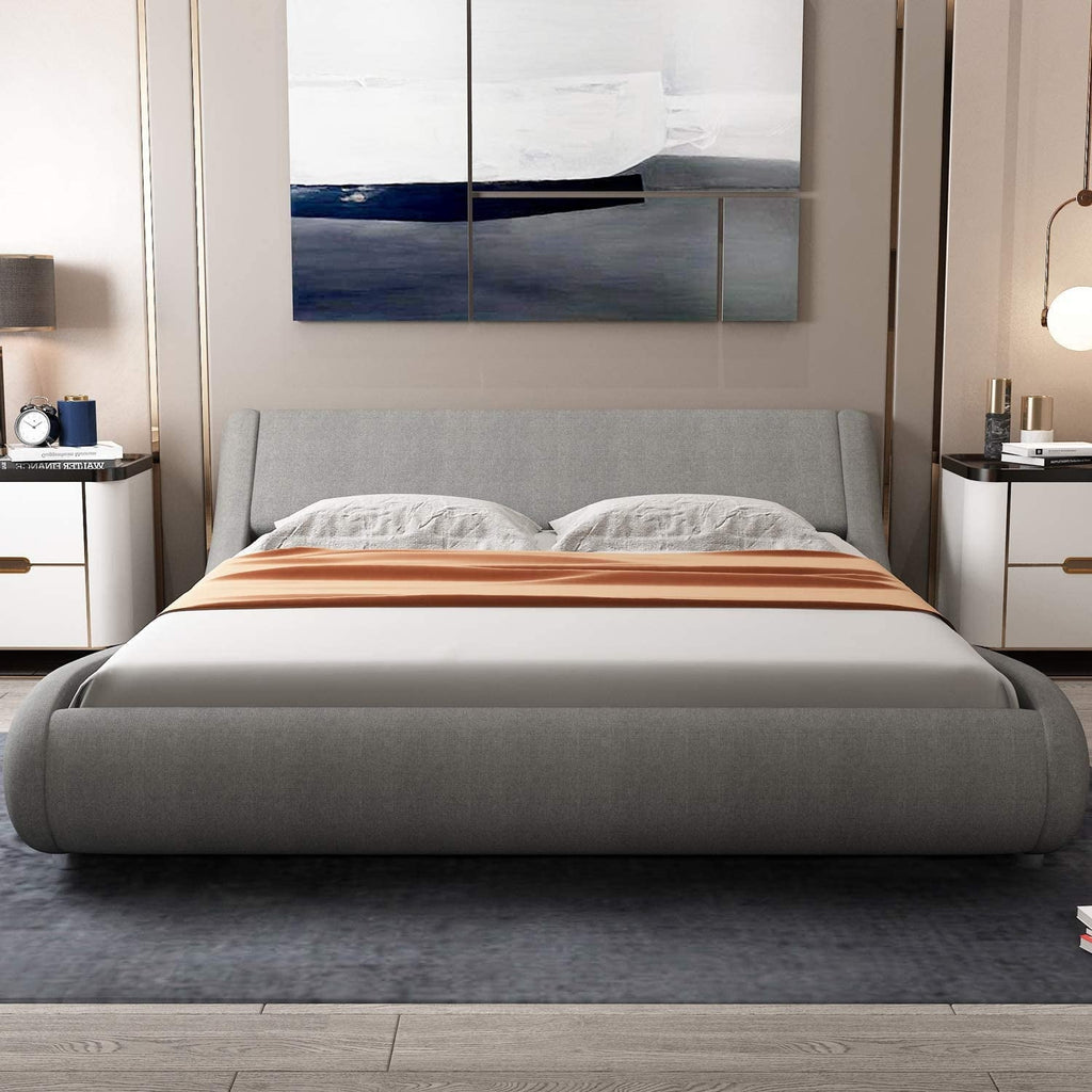 Allewie Full Size Platform Bed Frame with Curved Adjustable Headboard, 100% Fabric Upholstered Style, 10'' Mattress Recommended, Grey