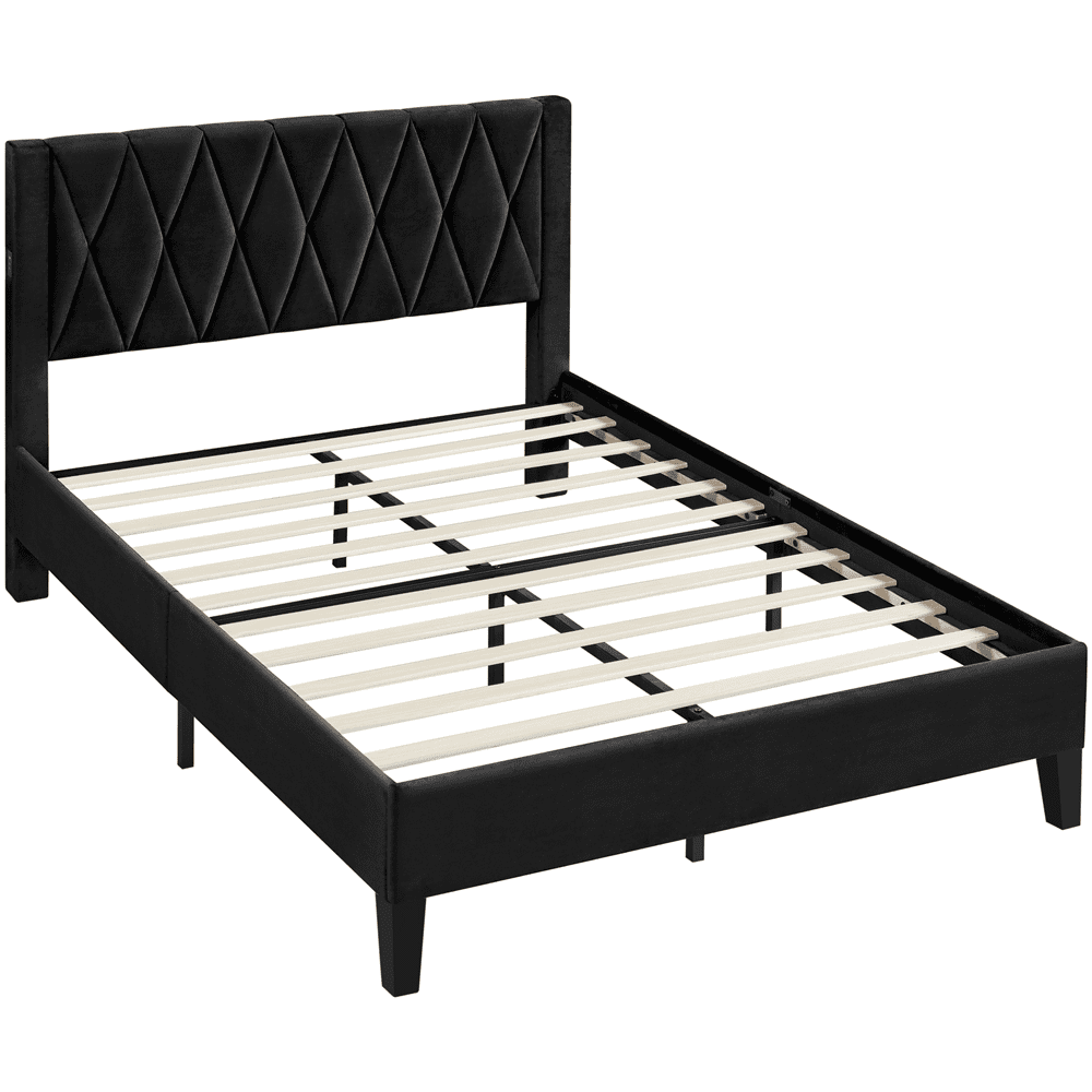 Yaheetech Upholstered Bed Frame with Built-In USB Ports and Tufted Headboard, Full Size, Black