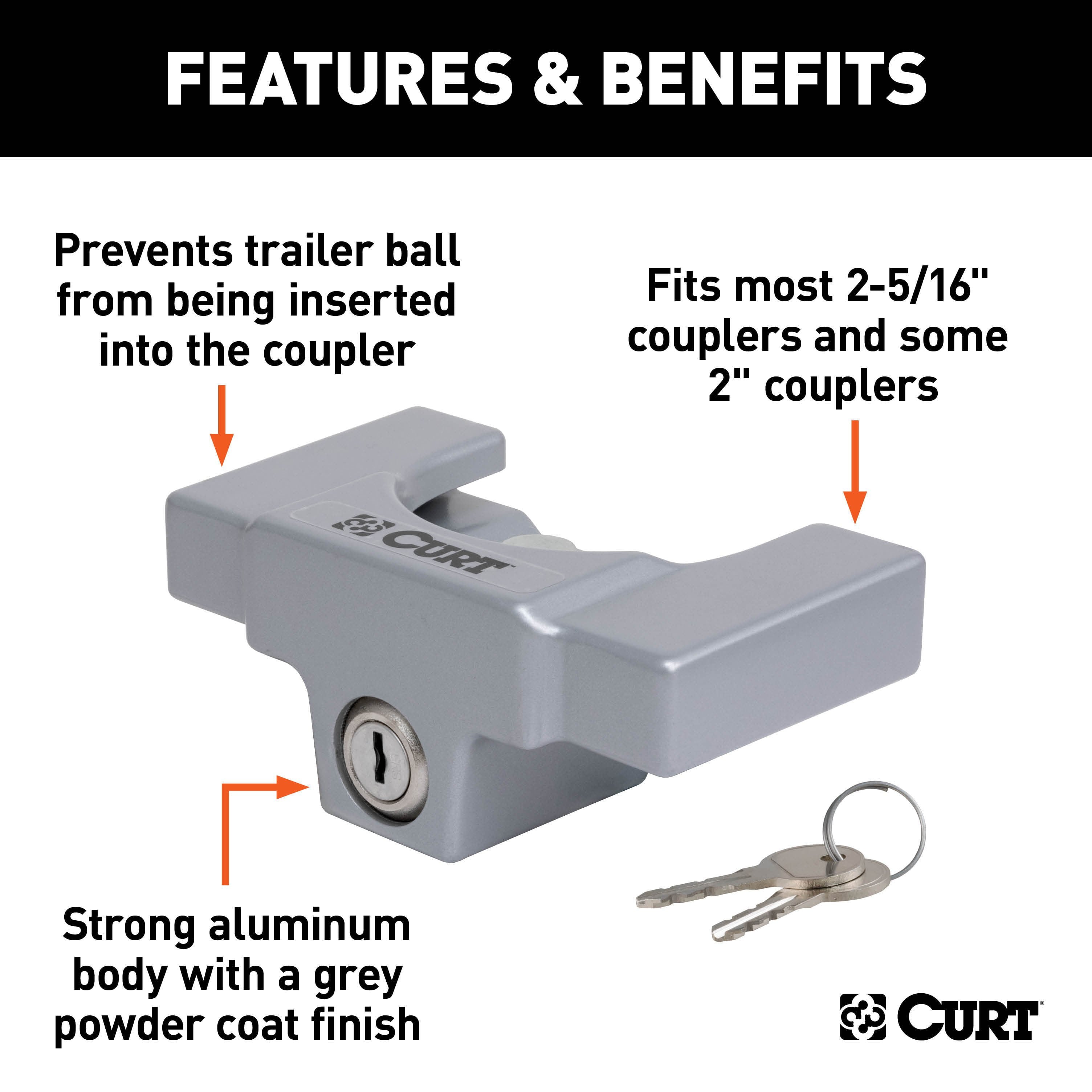 CURT 23081 Powder-Coated Aluminum Trailer Tongue Lock, 2-5/16-Inch Couplers