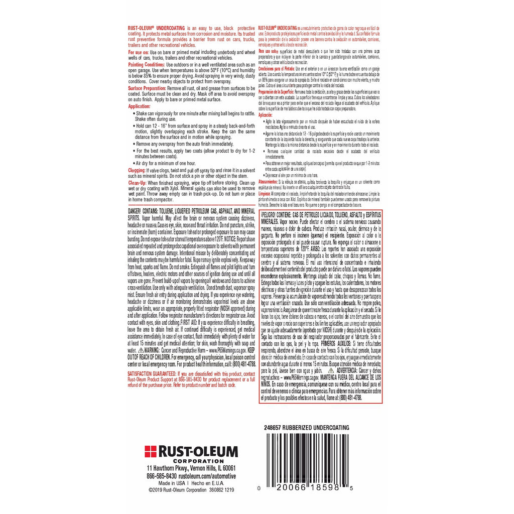 Black, Rust-Oleum Rubberized Undercoating Spray Paint-248657, 15 oz