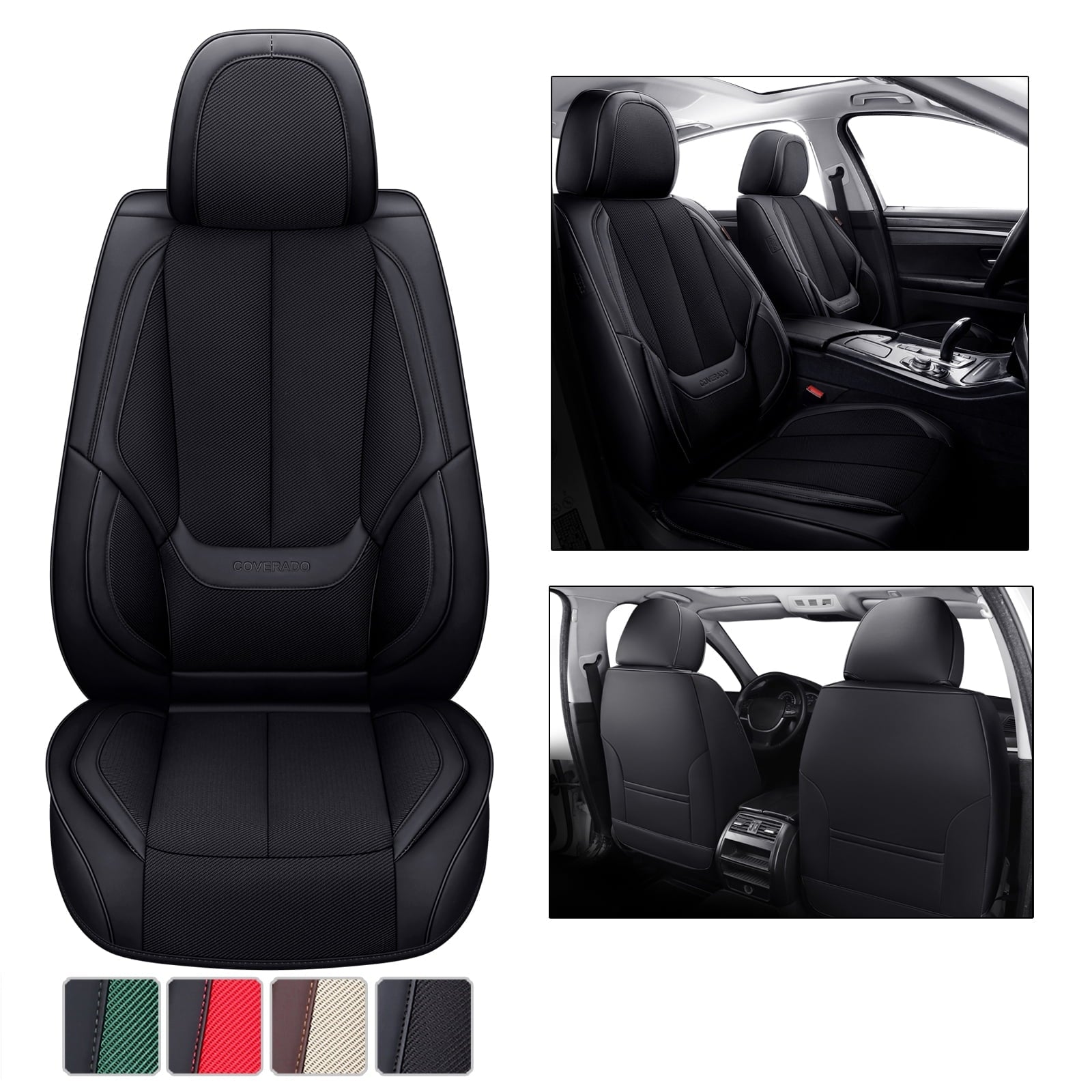 Coverado Front Seat Covers 6 Pieces,Breathable Fabric&Leather Car Seat Protectors,Universal Auto Accessories Compatible with Most Sedans SUV Pick-up Truck,Black